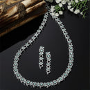 Rhodium-Plated Silver Toned Circular Sea Green American Diamond Long Necklace with Earrings Jewellery Set