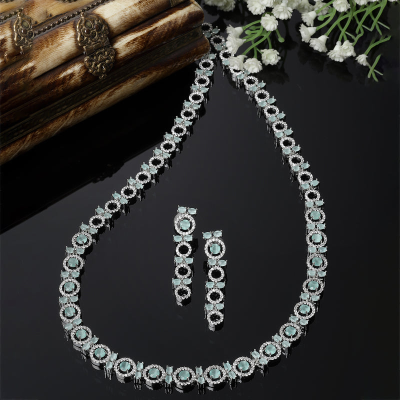 Rhodium-Plated Silver Toned Circular Sea Green American Diamond Long Necklace with Earrings Jewellery Set