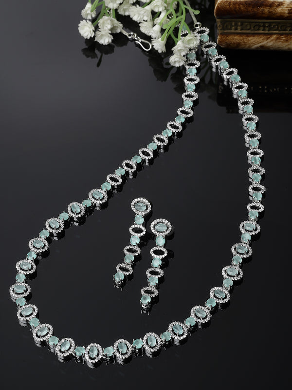 Rhodium-Plated Silver Toned Oval Sea Green American Diamond Long Necklace with Drop Earrings Jewellery Set