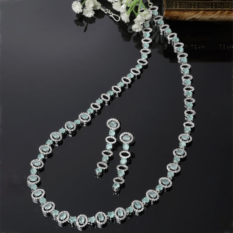 Rhodium-Plated Silver Toned Oval Sea Green American Diamond Long Necklace with Drop Earrings Jewellery Set
