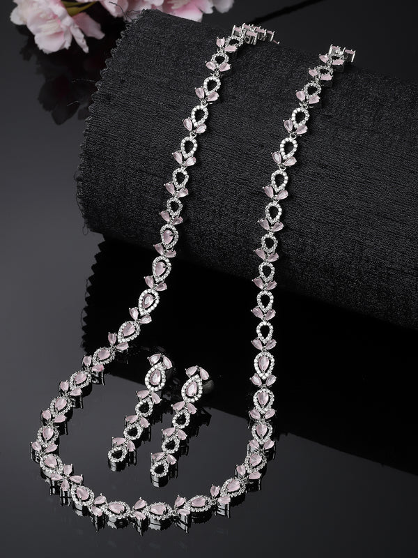 Rhodium-Plated Silver Toned Leaf Pink American Diamond Studded Long Necklace with Drop Earrings Jewellery Set