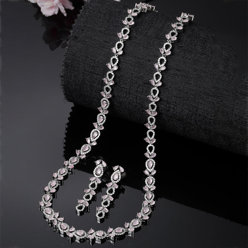 Rhodium-Plated Silver Toned Leaf Pink American Diamond Studded Long Necklace with Drop Earrings Jewellery Set