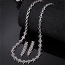 Rhodium-Plated Silver Toned Oval Pink American Diamond Long Necklace with Drop Earrings Jewellery Set