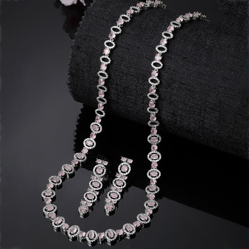 Rhodium-Plated Silver Toned Oval Pink American Diamond Long Necklace with Drop Earrings Jewellery Set