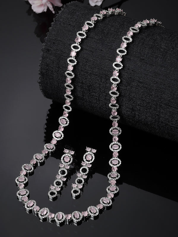 Rhodium-Plated Silver Toned Oval Pink American Diamond Long Necklace with Drop Earrings Jewellery Set