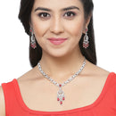 Rhodium-Plated Red Baguette Teardrops American Diamonds Studded Necklace & Earrings Jewellery Set