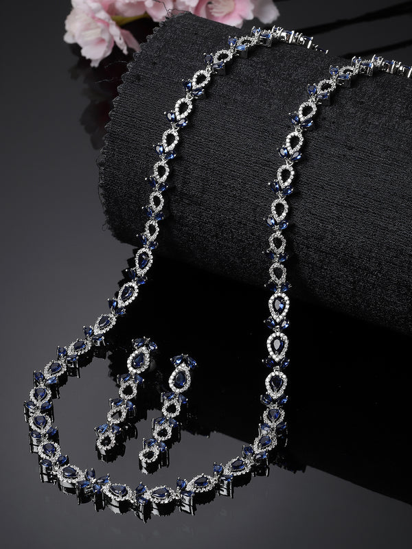 Rhodium-Plated Silver Toned Leaf Navy Blue American Diamond Studded Long Necklace with Drop Earrings Jewellery Set
