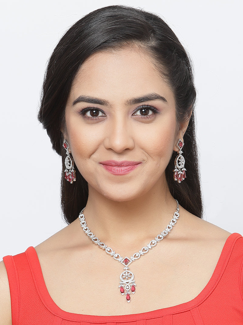 Rhodium-Plated Red Baguette Teardrops American Diamonds Studded Necklace & Earrings Jewellery Set