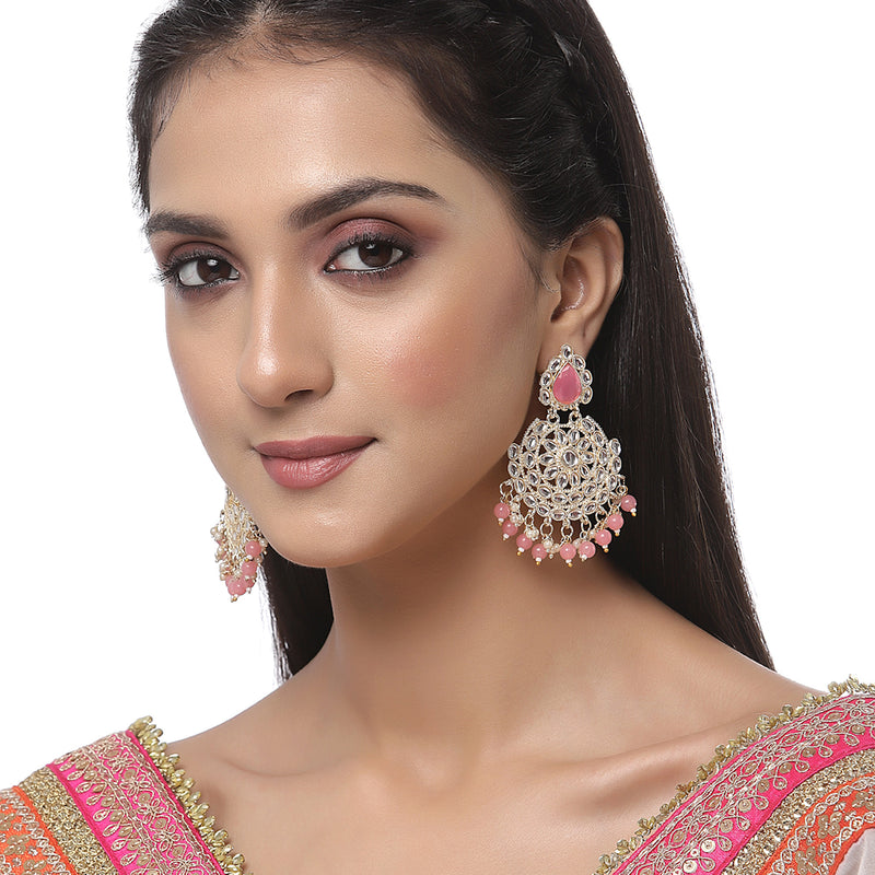 Gold-Plated Pink & White Kundan studded Contemporary Drop Earrings
