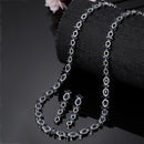 Rhodium-Plated Silver Toned Leaf Navy Blue American Diamond Studded Long Necklace with Drop Earrings Jewellery Set