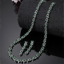 Rhodium-Plated Silver Toned Leaf Green American Diamond Studded Long Necklace with Drop Earrings Jewellery Set