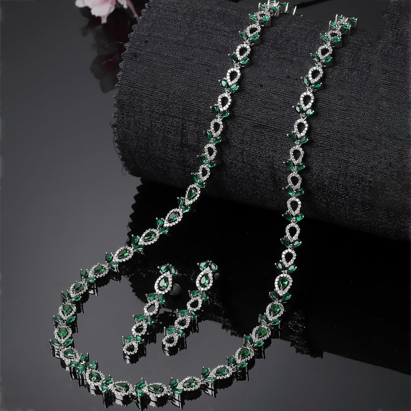 Rhodium-Plated Silver Toned Leaf Green American Diamond Studded Long Necklace with Drop Earrings Jewellery Set