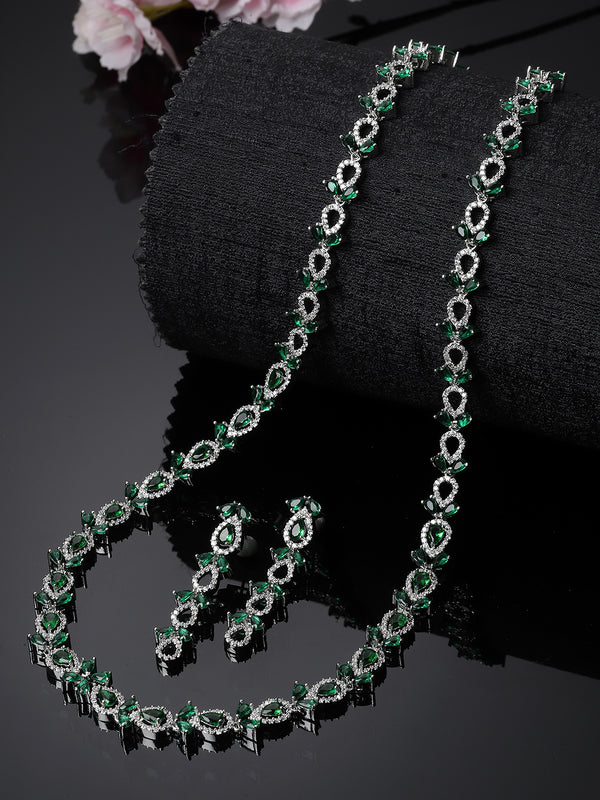 Rhodium-Plated Silver Toned Leaf Green American Diamond Studded Long Necklace with Drop Earrings Jewellery Set