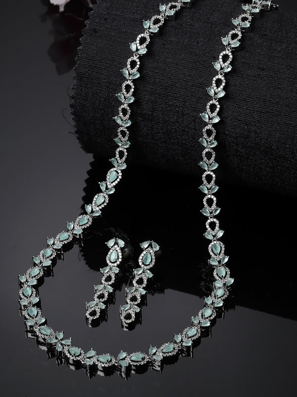 Rhodium-Plated Silver Toned Leaf Sea Green American Diamond Studded Long Necklace with Drop Earrings Jewellery Set
