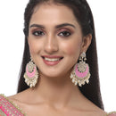 Gold-Plated Kundan studded Pink & Off-White Crescent Shaped Chandbali Earrings
