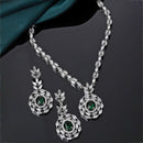 Rhodium-Plated Silver Toned Square Green American Diamond Studded Necklace with Earring Jewellery Set