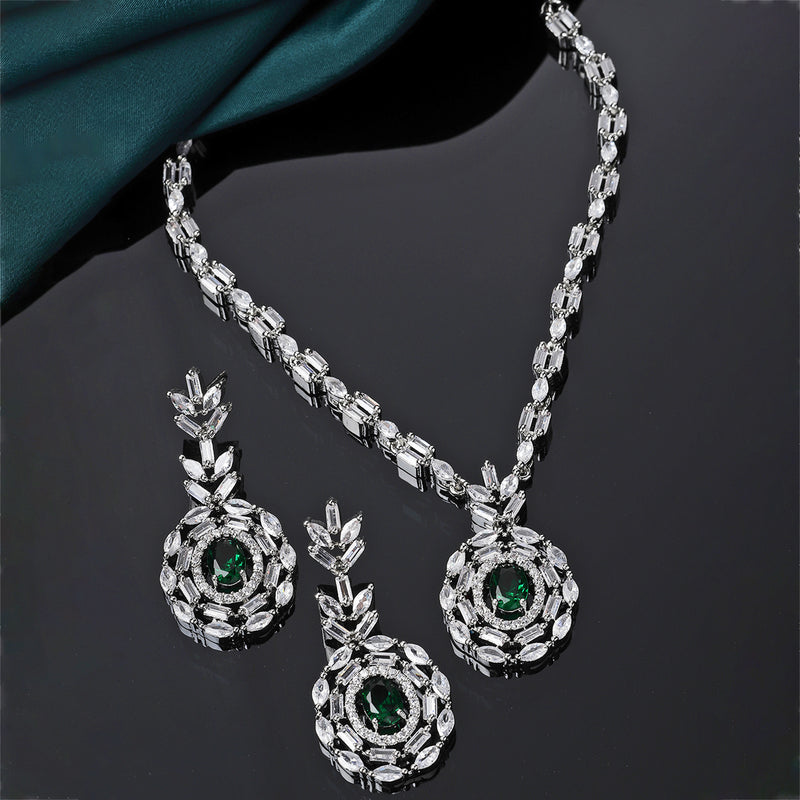 Rhodium-Plated Silver Toned Square Green American Diamond Studded Necklace with Earring Jewellery Set