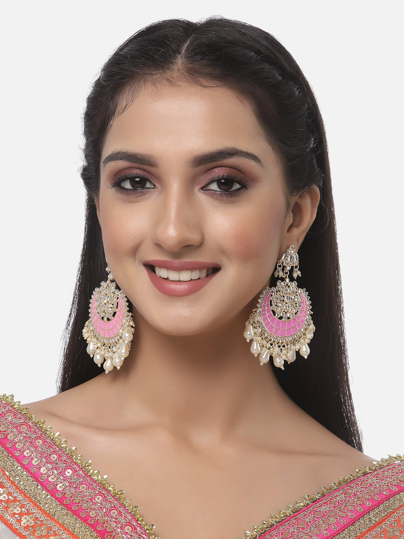 Gold-Plated Kundan studded Pink & Off-White Crescent Shaped Chandbali Earrings