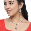 Rhodium-Plated Red Baguette Teardrops American Diamonds Studded Necklace & Earrings Jewellery Set
