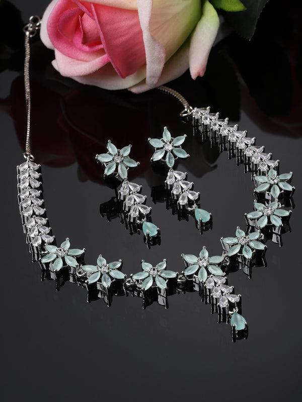 Rhodium-Plated Silver Toned Star Sea Green American Diamond Studded Necklace Earrings Jewellery Set