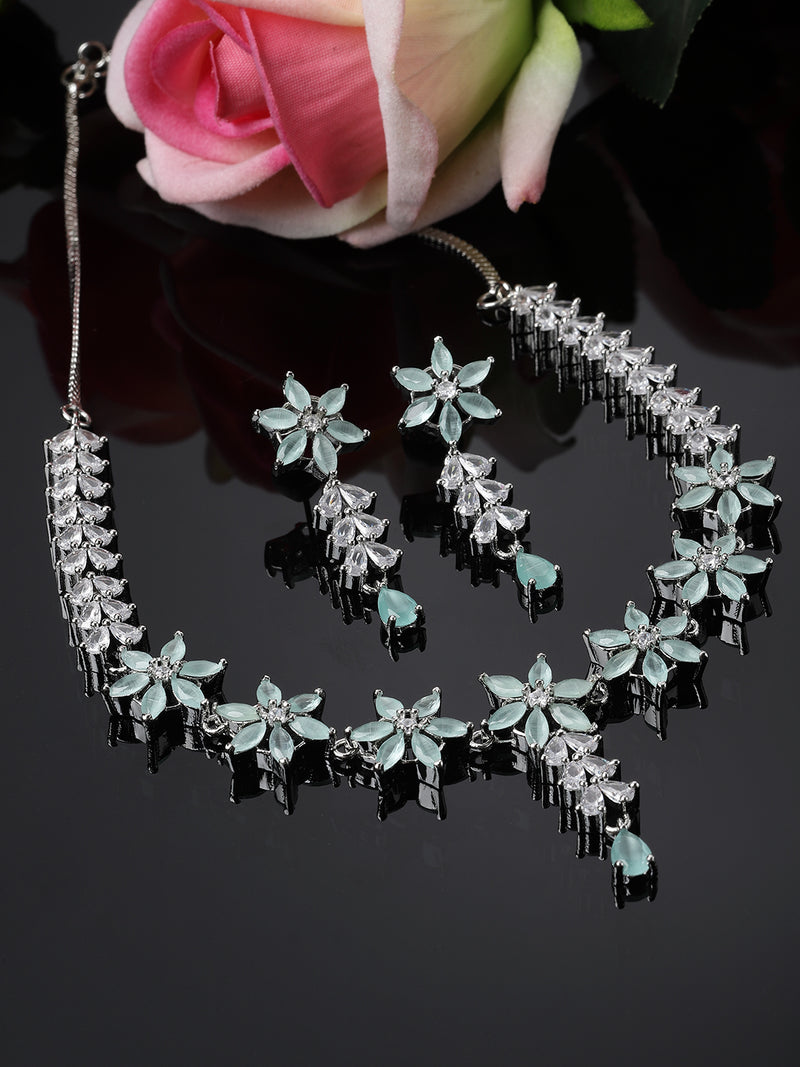 Rhodium-Plated Silver Toned Star Sea Green American Diamond Studded Necklace Earrings Jewellery Set