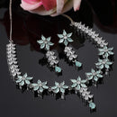 Rhodium-Plated Silver Toned Star Sea Green American Diamond Studded Necklace Earrings Jewellery Set
