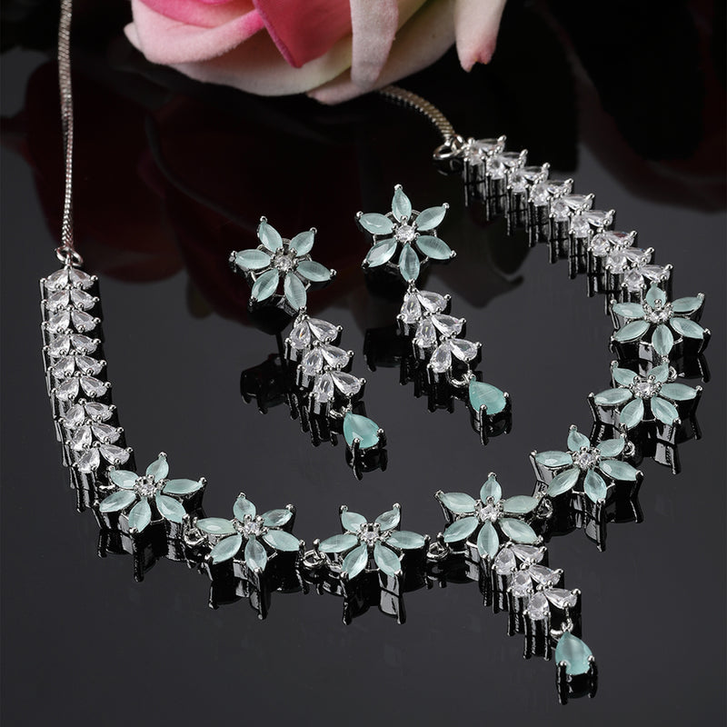 Rhodium-Plated Silver Toned Star Sea Green American Diamond Studded Necklace Earrings Jewellery Set