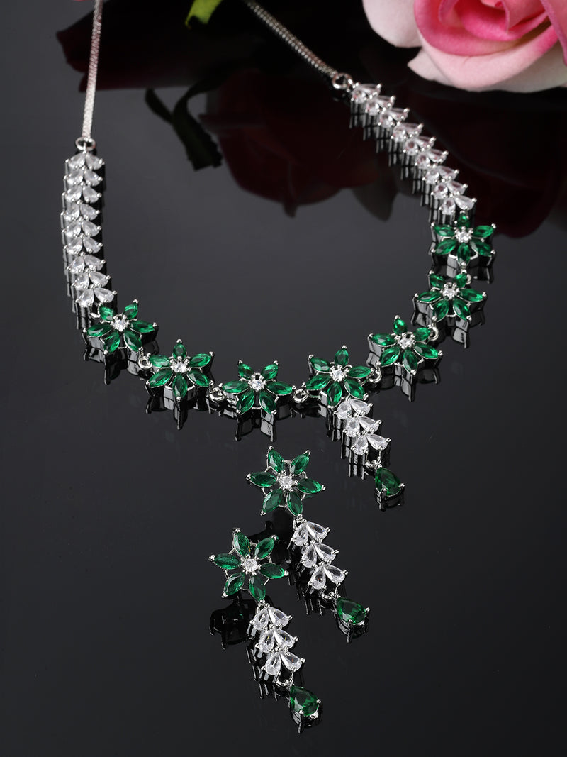 Rhodium-Plated Silver Toned Star Green American Diamond Studded Necklace Earrings Jewellery Set