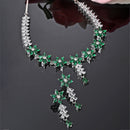 Rhodium-Plated Silver Toned Star Green American Diamond Studded Necklace Earrings Jewellery Set
