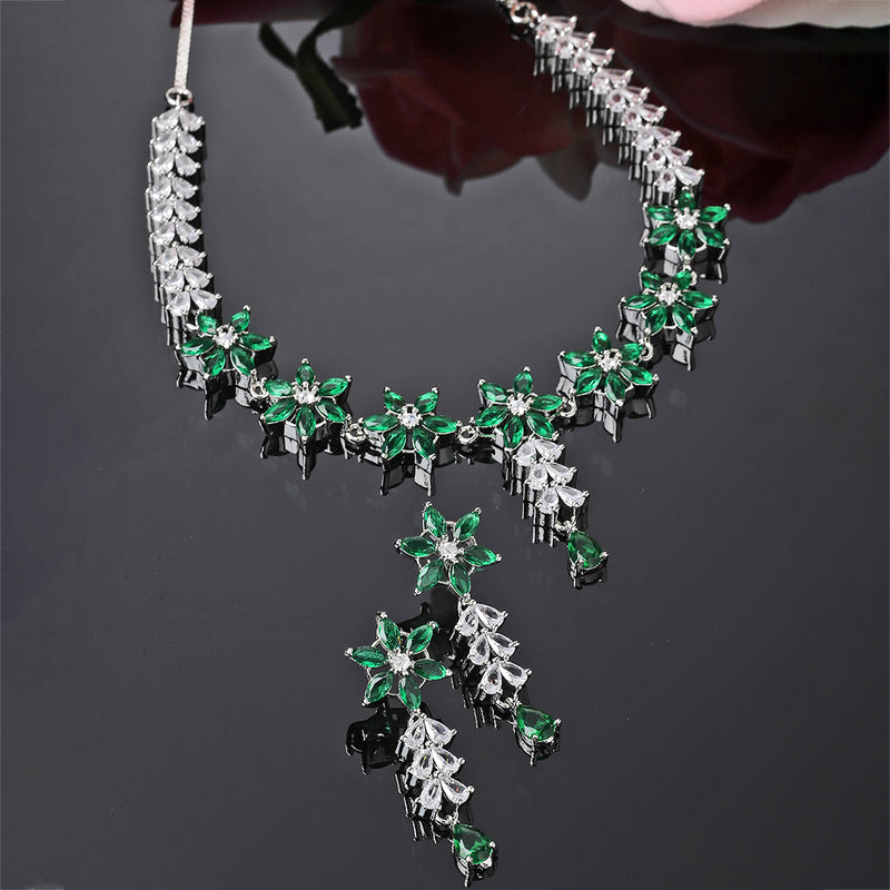 Rhodium-Plated Silver Toned Star Green American Diamond Studded Necklace Earrings Jewellery Set