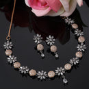 Rose Gold-Plated Gunmetal Toned White American Diamond Studded Flower-Round Necklace with Earring Jewellery Set