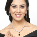 Rhodium-Plated Navy Blue Square American Diamonds Studded Pendulous Necklace & Earrings Jewellery Set