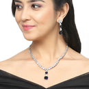 Rhodium-Plated Navy Blue Square American Diamonds Studded Pendulous Necklace & Earrings Jewellery Set