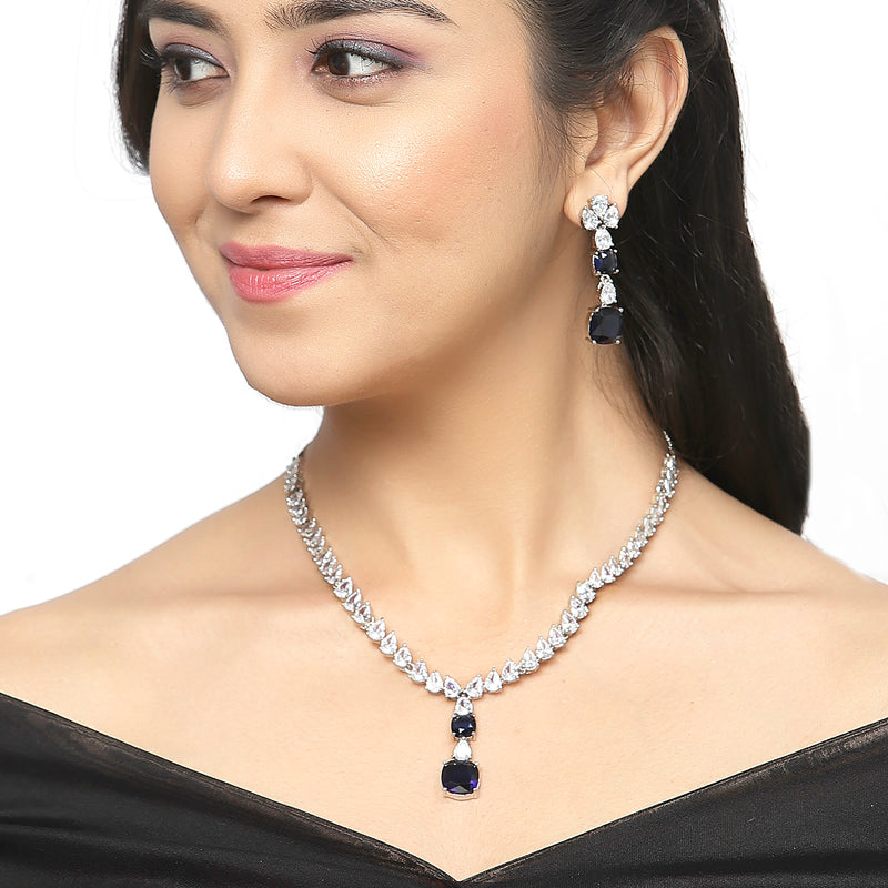 Rhodium-Plated Navy Blue Square American Diamonds Studded Pendulous Necklace & Earrings Jewellery Set