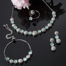 Rhodium-Plated Silver Toned Sea Green & White American Diamond studded Round Shaped Jewellery Set