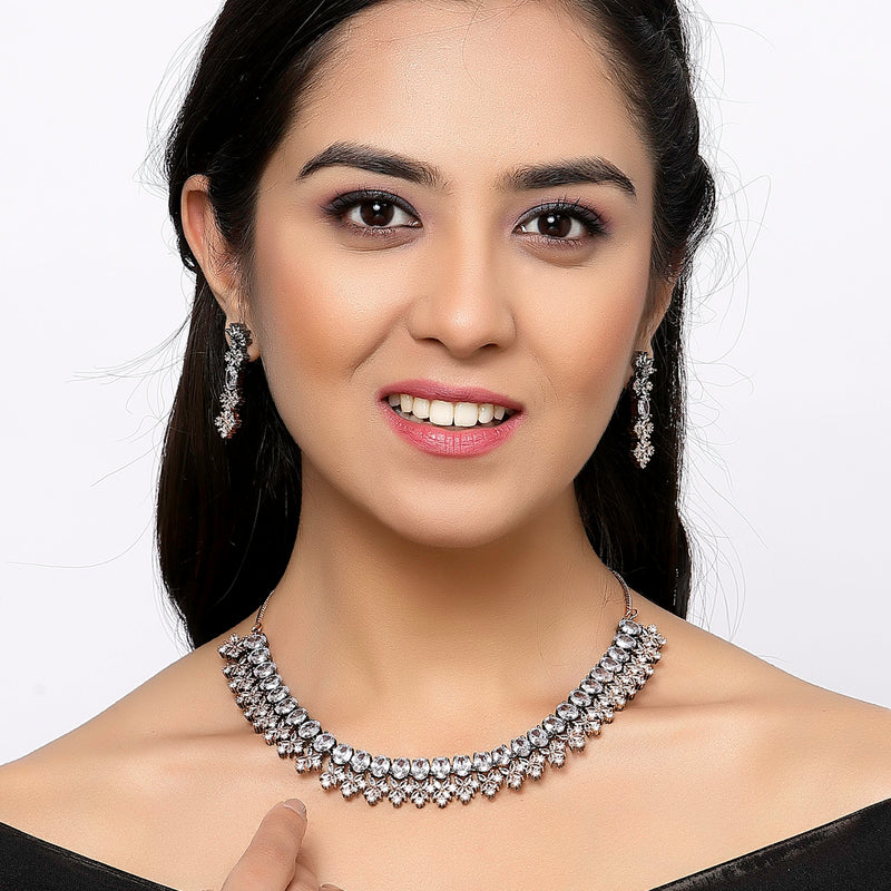 Rose Gold-Plated Gunmetal Toned White American Diamonds Studded Wacky Necklace & Earrings