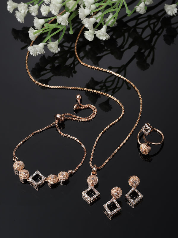 Rose Gold-Plated White American Diamond studded Square Shaped Jewellery Set