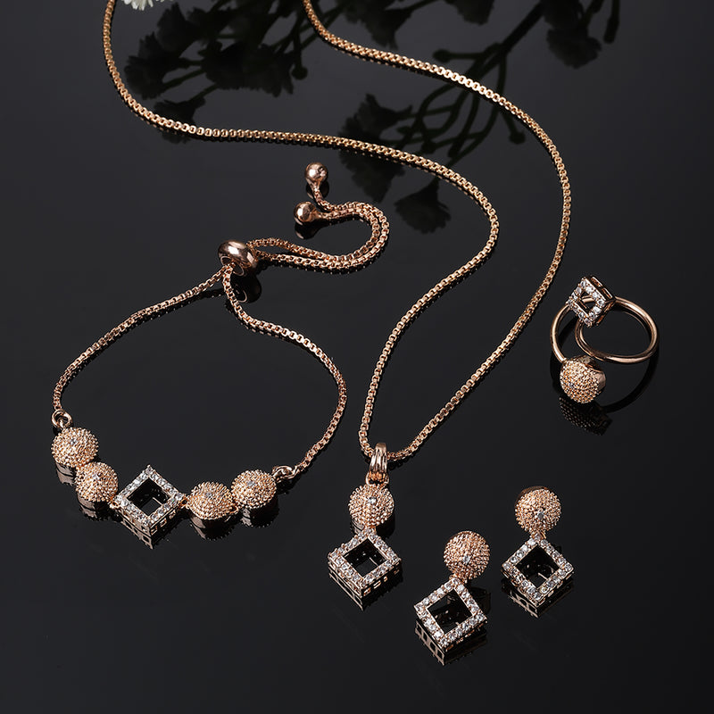 Rose Gold-Plated White American Diamond studded Square Shaped Jewellery Set