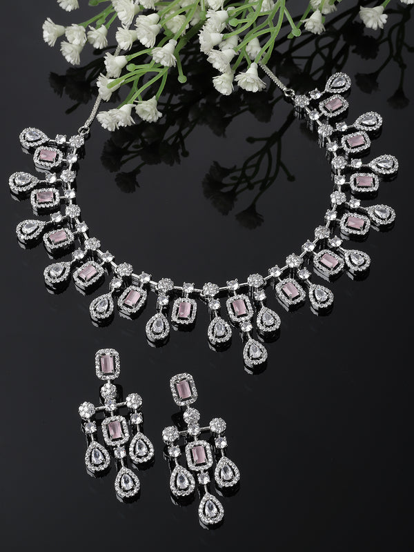 Rhodium-Plated Silver Toned Square Pink American Diamond Studded Necklace with Earring Jewellery Set