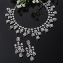 Rhodium-Plated Silver Toned Square Pink American Diamond Studded Necklace with Earring Jewellery Set