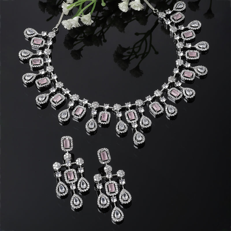 Rhodium-Plated Silver Toned Square Pink American Diamond Studded Necklace with Earring Jewellery Set