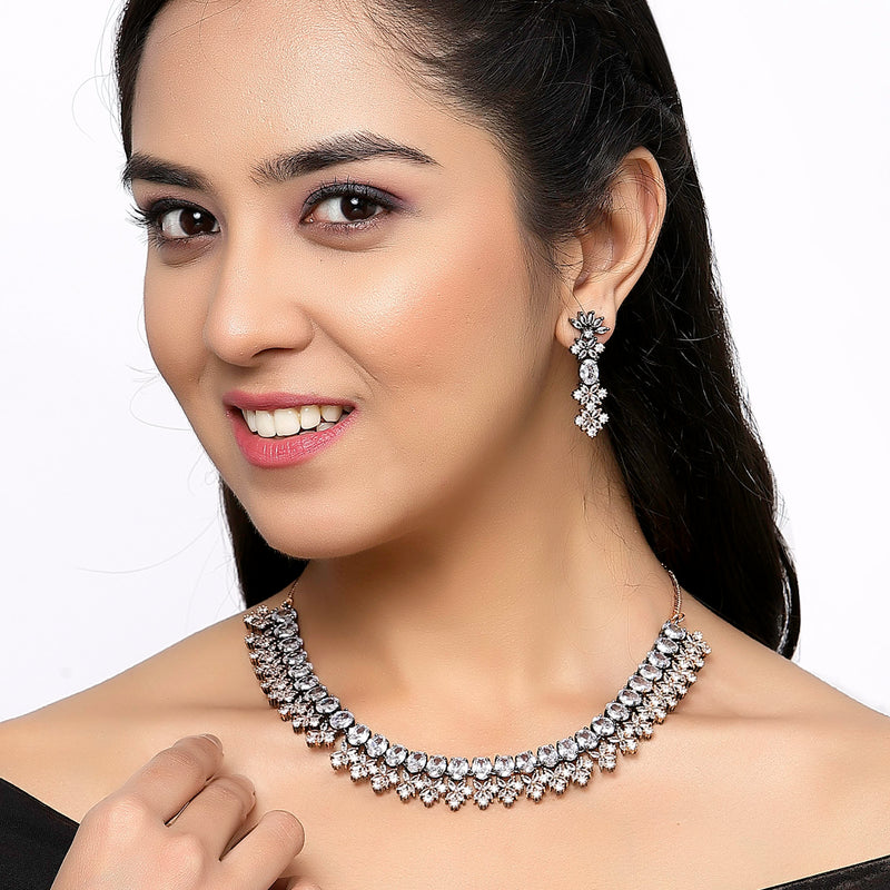 Rose Gold-Plated Gunmetal Toned White American Diamonds Studded Wacky Necklace & Earrings