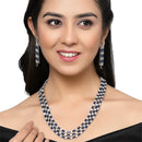 Rhodium-Plated Navy Blue American Diamond Studded Layered Necklace & Earrings Jewellery Set