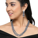Rhodium-Plated Navy Blue American Diamond Studded Layered Necklace & Earrings Jewellery Set