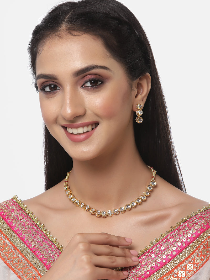 Gold-Plated White Kundan Studded Necklace with Earrings Jewellery Set
