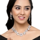 Rhodium-Plated Pink Cubic Zirconia Studded Floral Theme Necklace & Earrings Jewellery Set