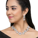 Rhodium-Plated Pink Cubic Zirconia Studded Floral Theme Necklace & Earrings Jewellery Set