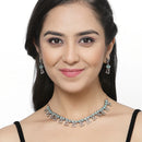 Rose Gold-Plated Gunmetal Toned Sea Green American Diamonds Studded Cordate Necklace & Earrings
