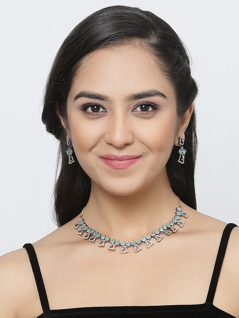Rose Gold-Plated Gunmetal Toned Sea Green American Diamonds Studded Cordate Necklace & Earrings