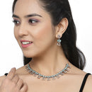 Rose Gold-Plated Gunmetal Toned Sea Green American Diamonds Studded Cordate Necklace & Earrings